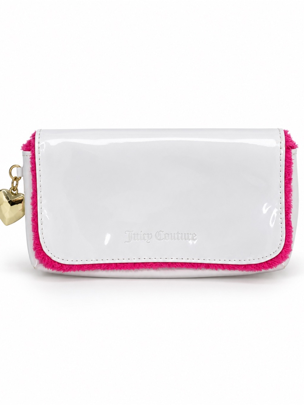 Juicy Couture White Patent Pink Plush Heart Charm Cosmetic Clutch Pouch